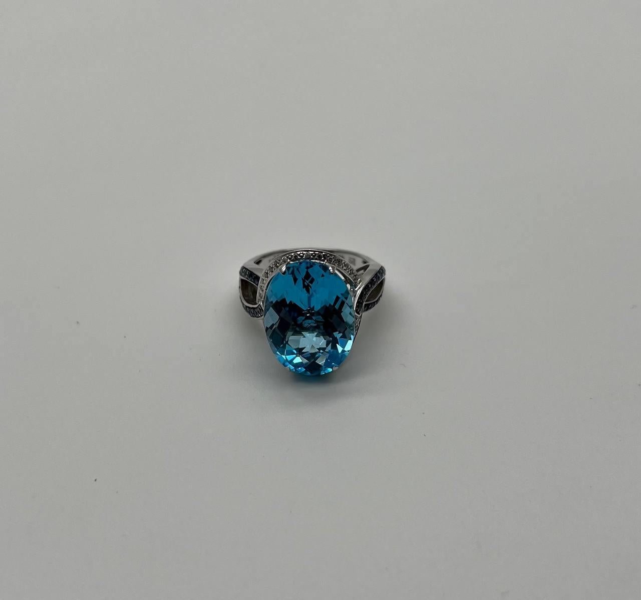 Oval Cut Blue Topaz Intertwining Sapphire Diamond Halo White Gold Statement Ring