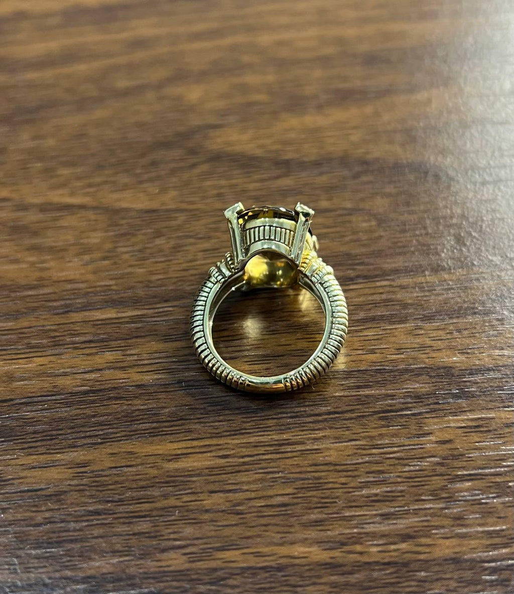 Oval Cut Brown Smoky Quartz Diamond 14K Yellow Gold Sculptural Shield Ring
