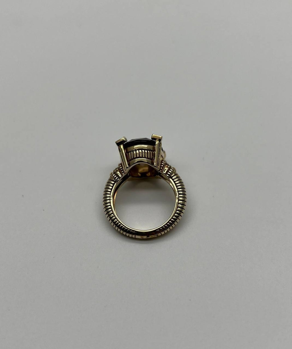 Oval Cut Brown Smoky Quartz Diamond 14K Yellow Gold Sculptural Shield Ring