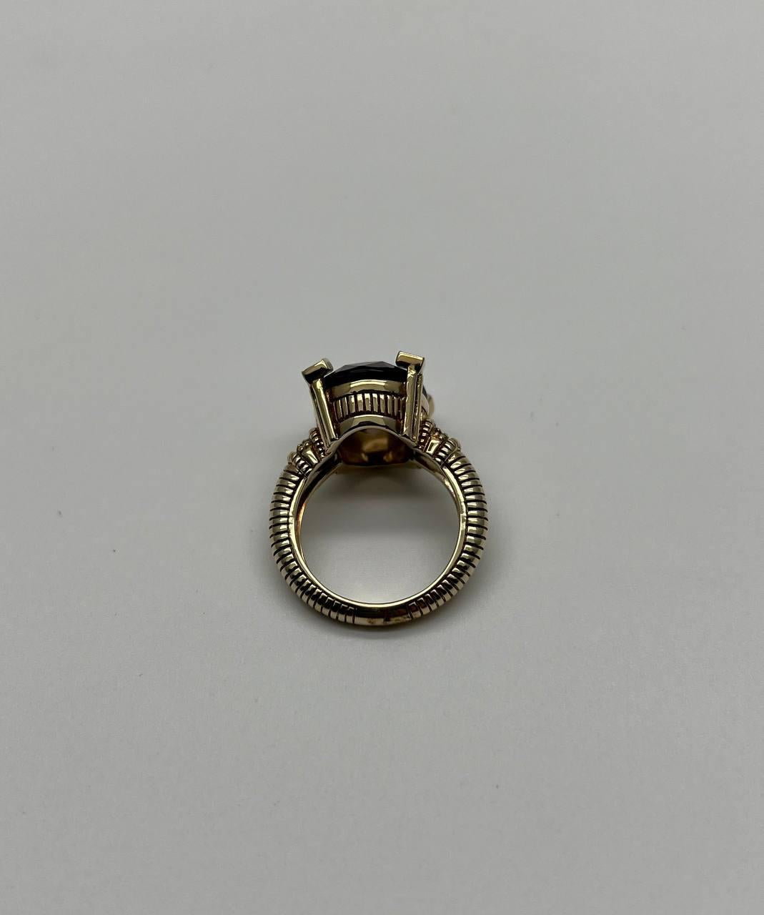 Oval Cut Brown Smoky Quartz Diamond 14K Yellow Gold Sculptural Shield Ring