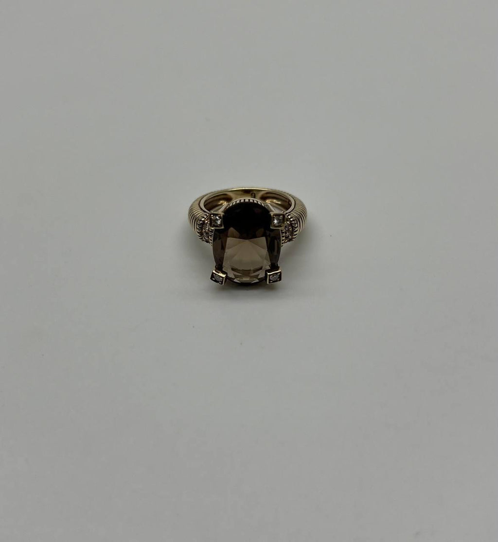 Oval Cut Brown Smoky Quartz Diamond 14K Yellow Gold Sculptural Shield Ring