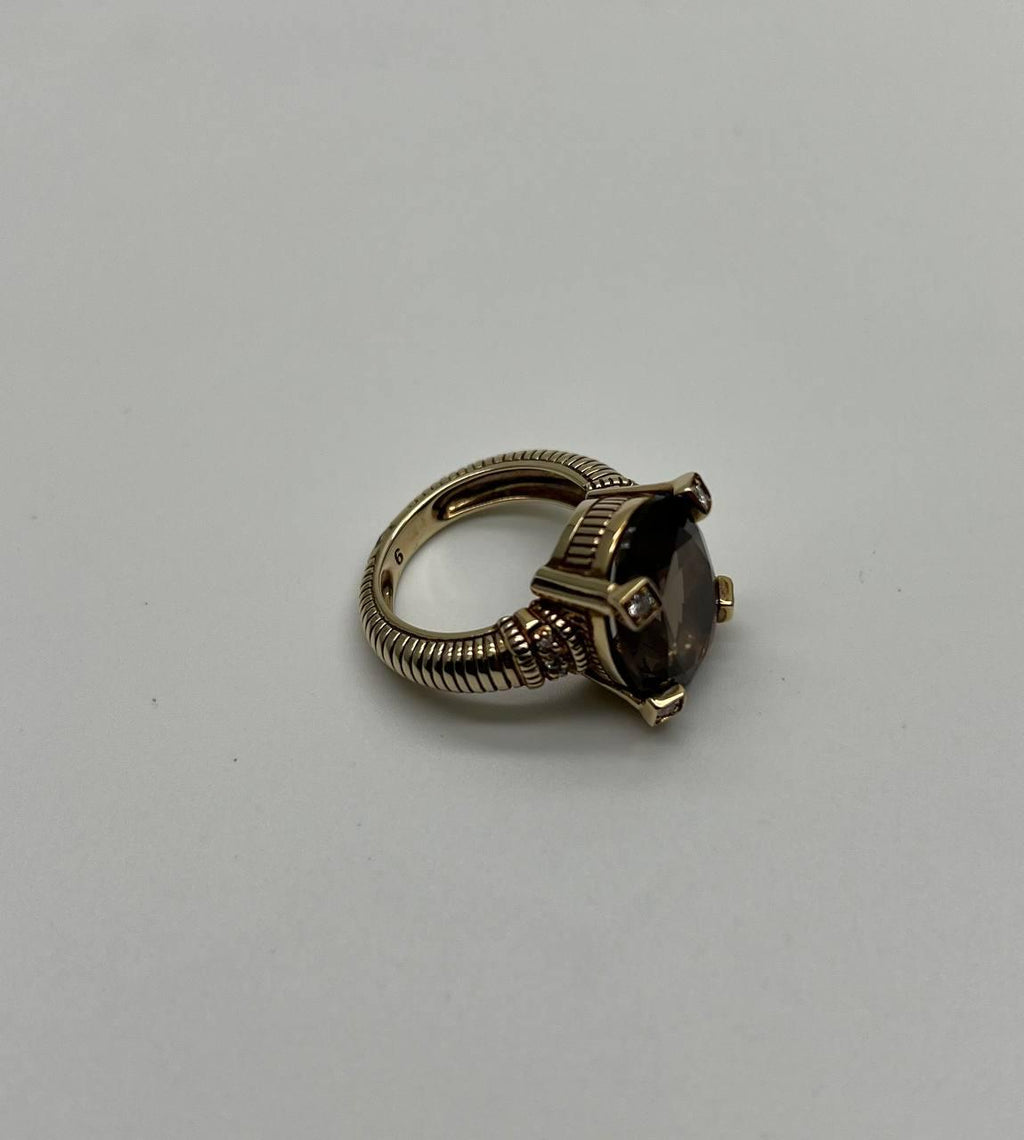Oval Cut Brown Smoky Quartz Diamond 14K Yellow Gold Sculptural Shield Ring