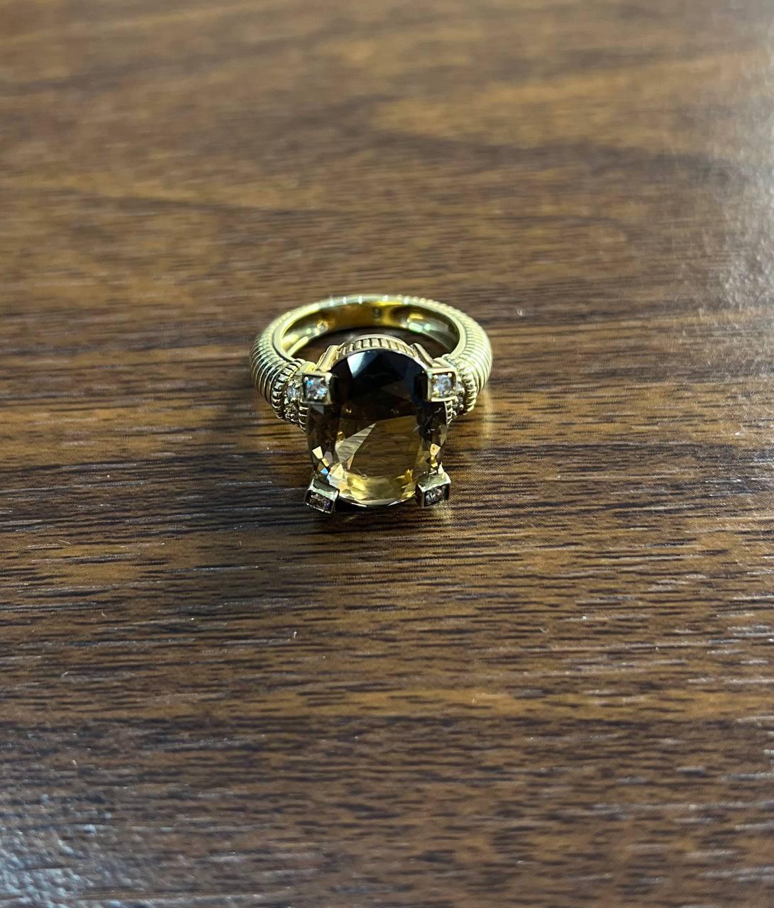 Oval Cut Brown Smoky Quartz Diamond 14K Yellow Gold Sculptural Shield Ring