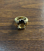 Oval Cut Brown Smoky Quartz Diamond 14K Yellow Gold Sculptural Shield Ring