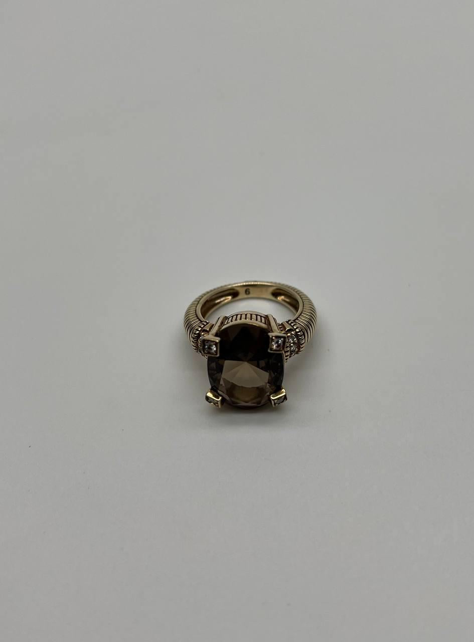 Oval Cut Brown Smoky Quartz Diamond 14K Yellow Gold Sculptural Shield Ring