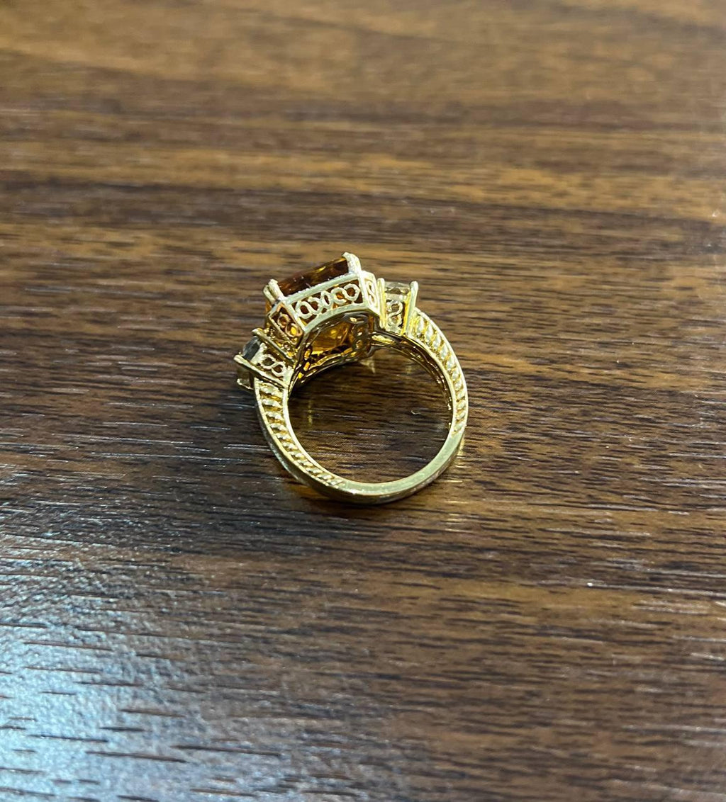 Rectangular Orange Citrine Diamond Halo Quartz Sides 18K Gold Statement Ring