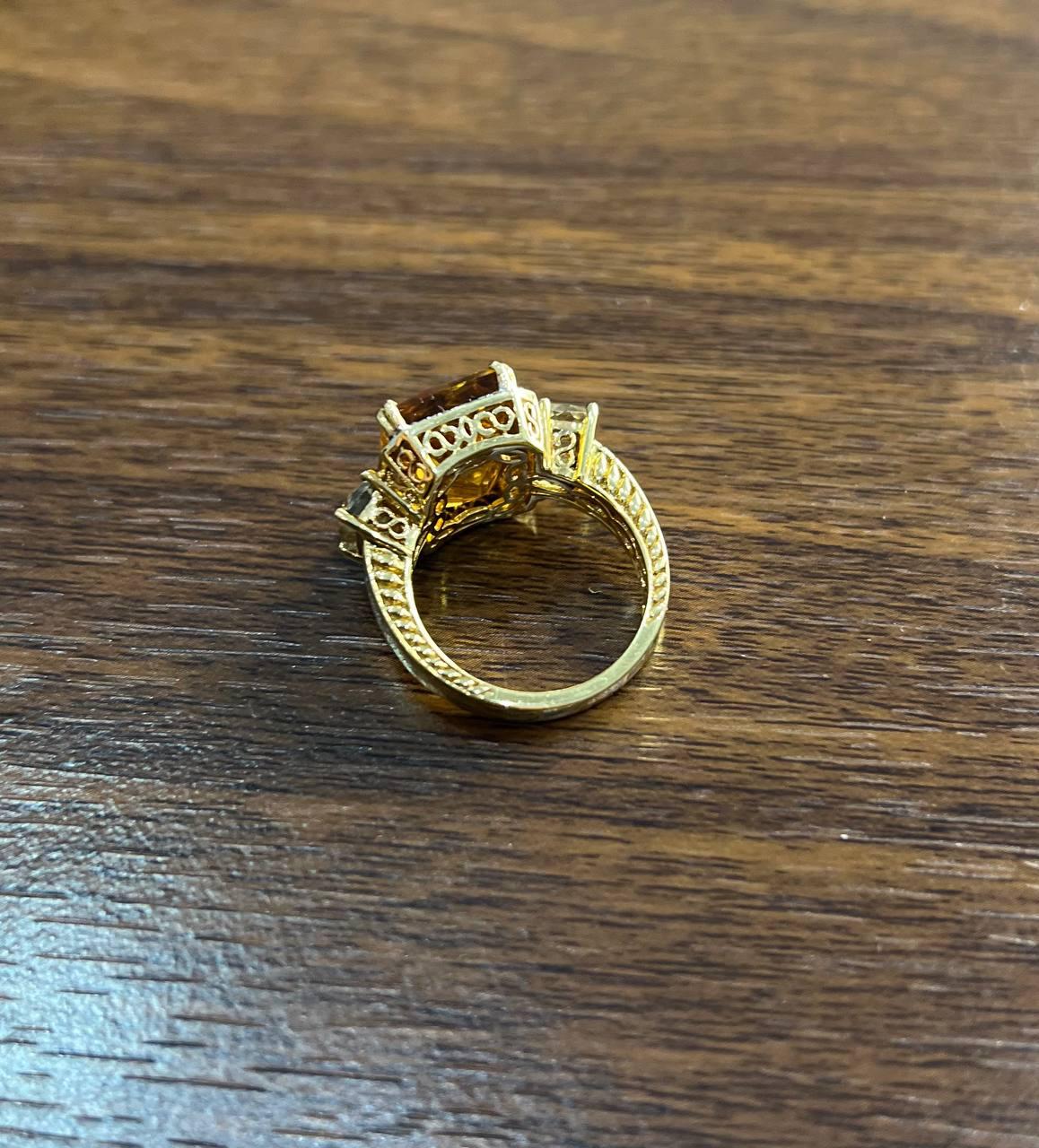Rectangular Orange Citrine Diamond Halo Quartz Sides 18K Gold Statement Ring