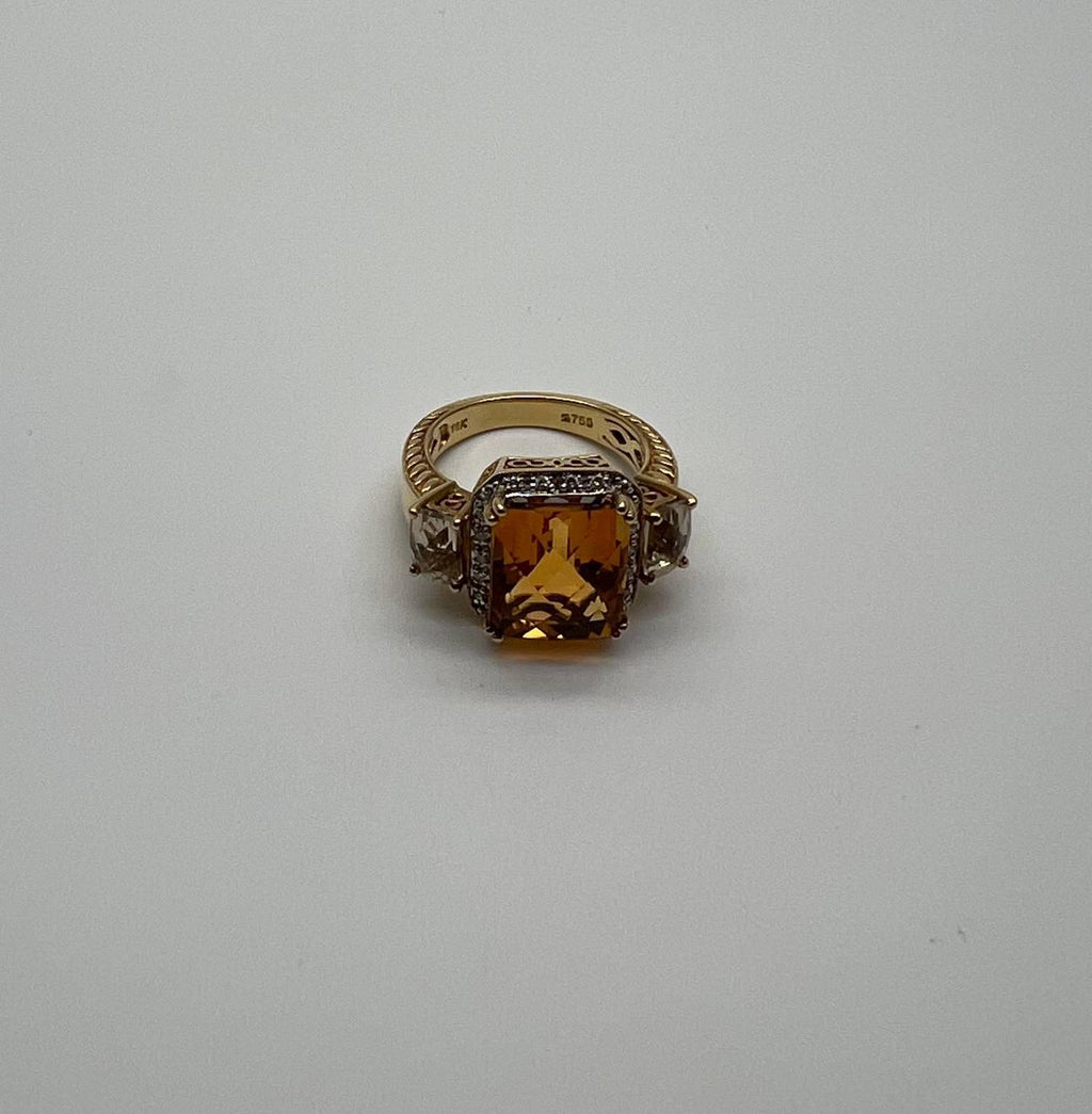 Rectangular Orange Citrine Diamond Halo Quartz Sides 18K Gold Statement Ring