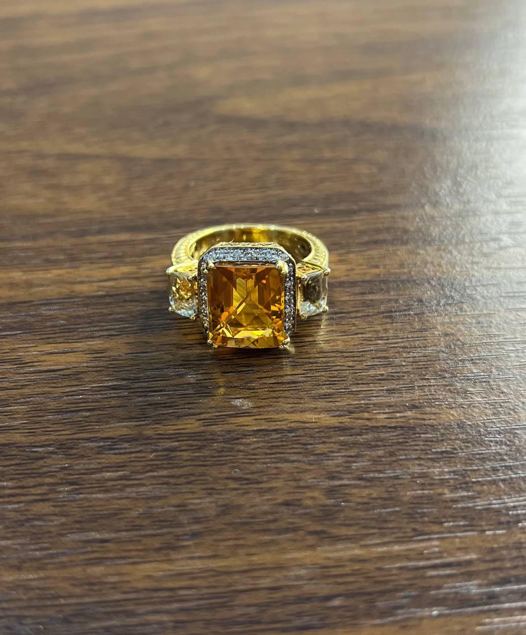 Rectangular Orange Citrine Diamond Halo Quartz Sides 18K Gold Statement Ring
