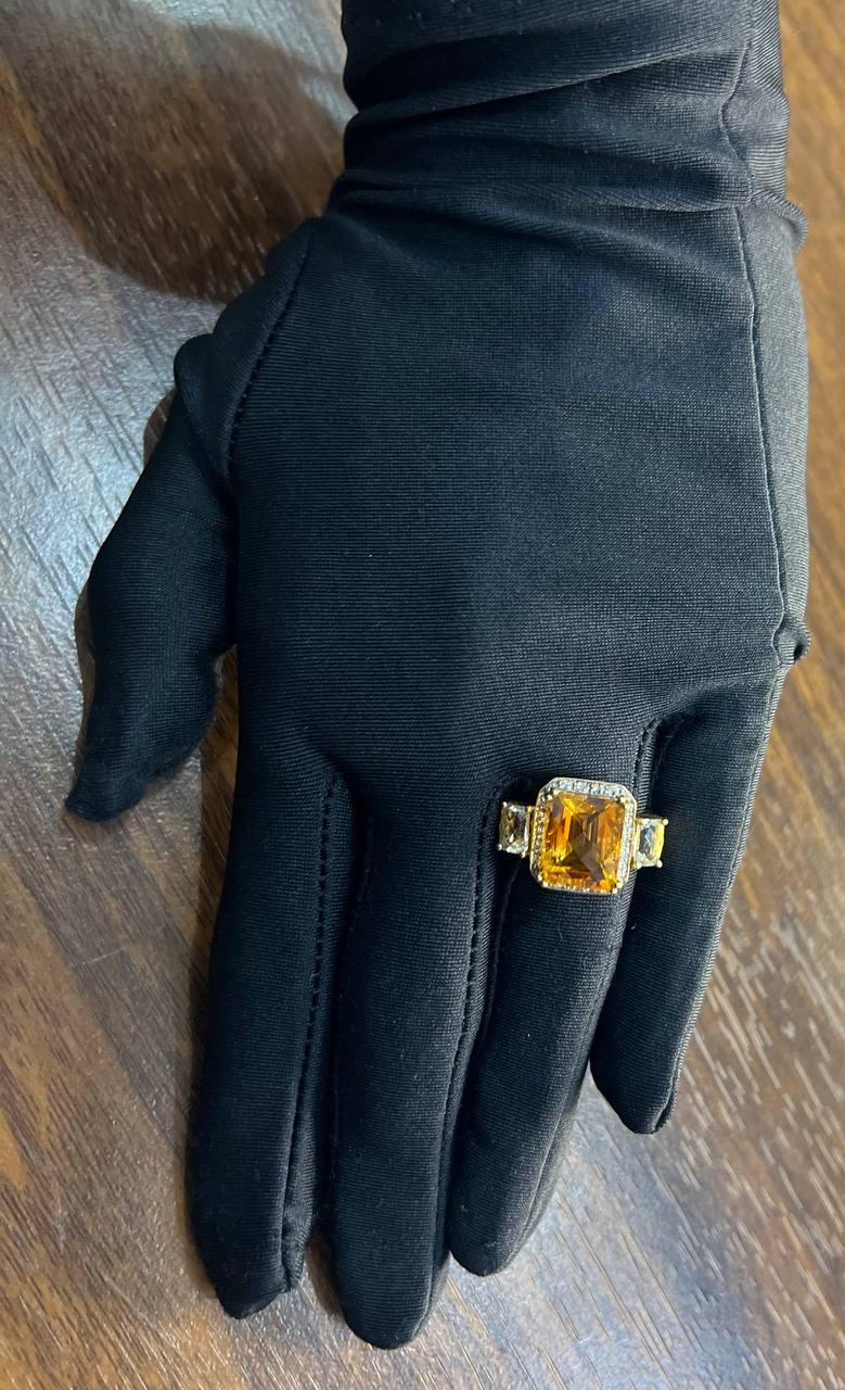 Rectangular Orange Citrine Diamond Halo Quartz Sides 18K Gold Statement Ring