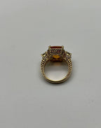 Rectangular Orange Citrine Diamond Halo Quartz Sides 18K Gold Statement Ring