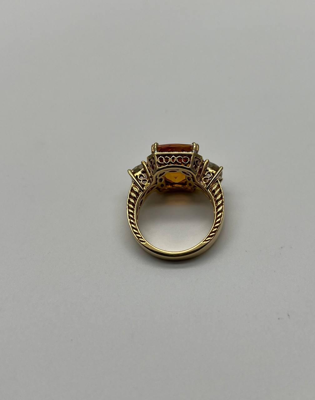 Rectangular Orange Citrine Diamond Halo Quartz Sides 18K Gold Statement Ring