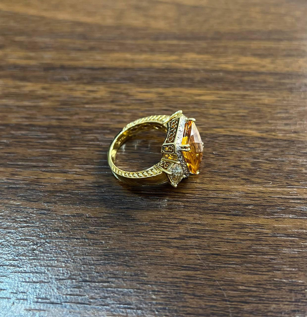 Rectangular Orange Citrine Diamond Halo Quartz Sides 18K Gold Statement Ring