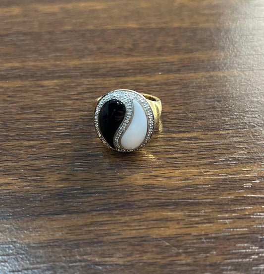 Black Onyx White Agate Yin Yang Motif White Diamond Halo 14K Gold Signet Ring