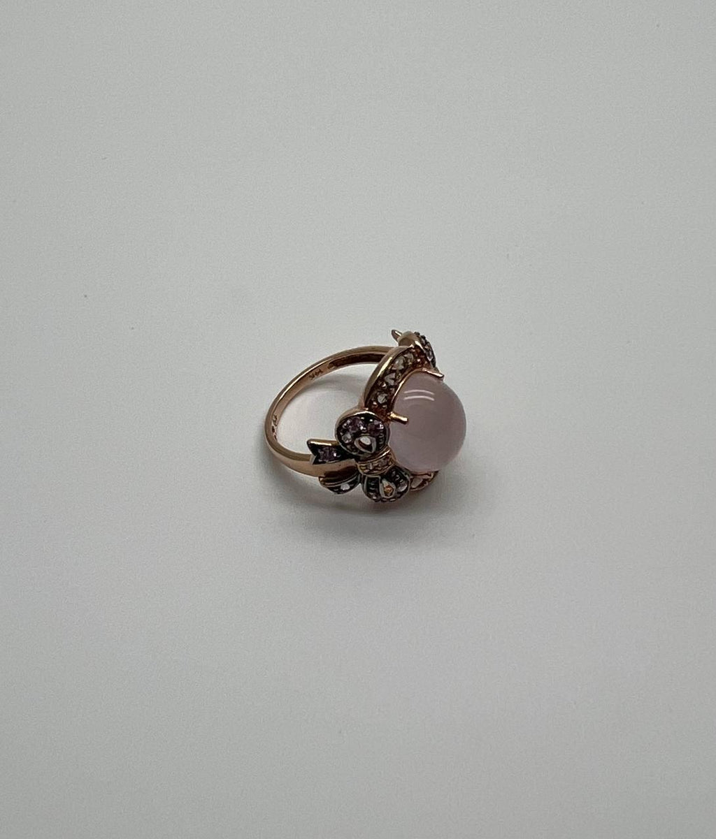 Oval Milky White Cabochon Agate Chalcedony Multi-Color Gemstone Gold Ring