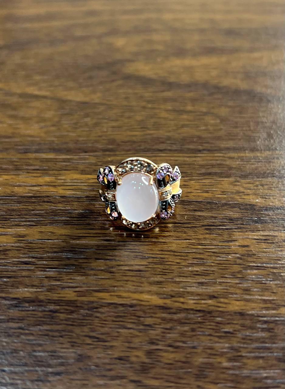 Oval Milky White Cabochon Agate Chalcedony Multi-Color Gemstone Gold Ring
