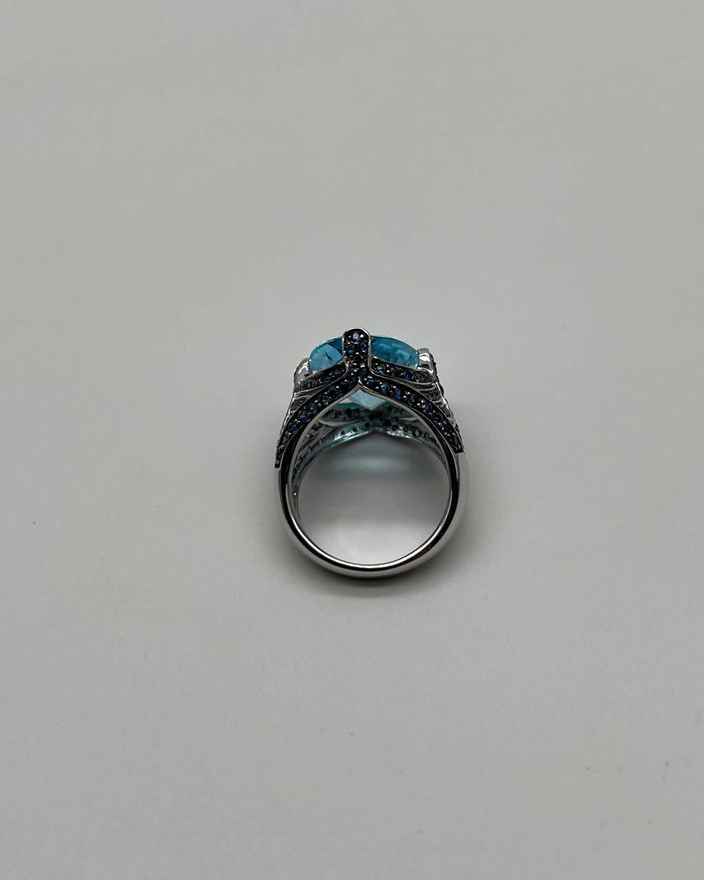 Oval Cut Blue Topaz Blue Sapphire White Diamonds Pave 14K White Gold Ring