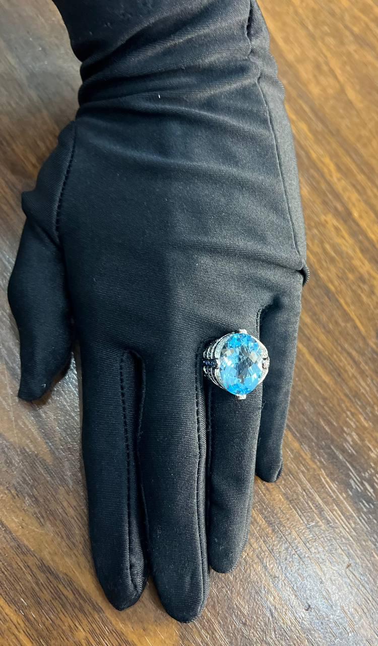 Oval Cut Blue Topaz Blue Sapphire White Diamonds Pave 14K White Gold Ring