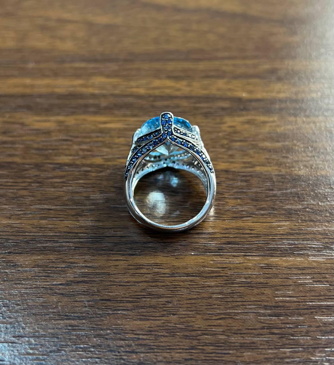 Oval Cut Blue Topaz Blue Sapphire White Diamonds Pave 14K White Gold Ring