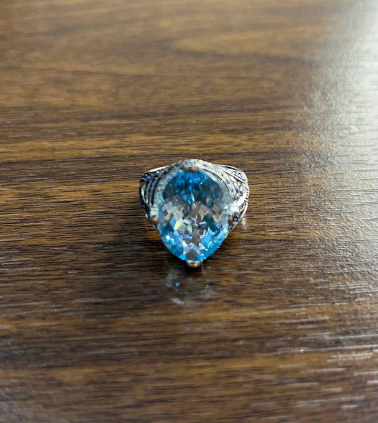 Oval Cut Blue Topaz Blue Sapphire White Diamonds Pave 14K White Gold Ring