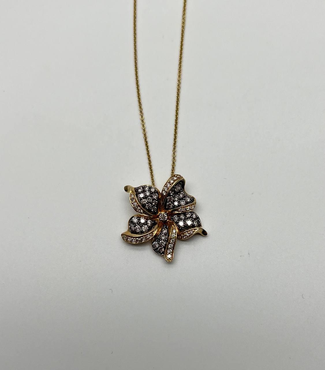 Floral Flower Lilly Champagne Cognac Diamond Pave Set 14K Gold Pendant Necklace