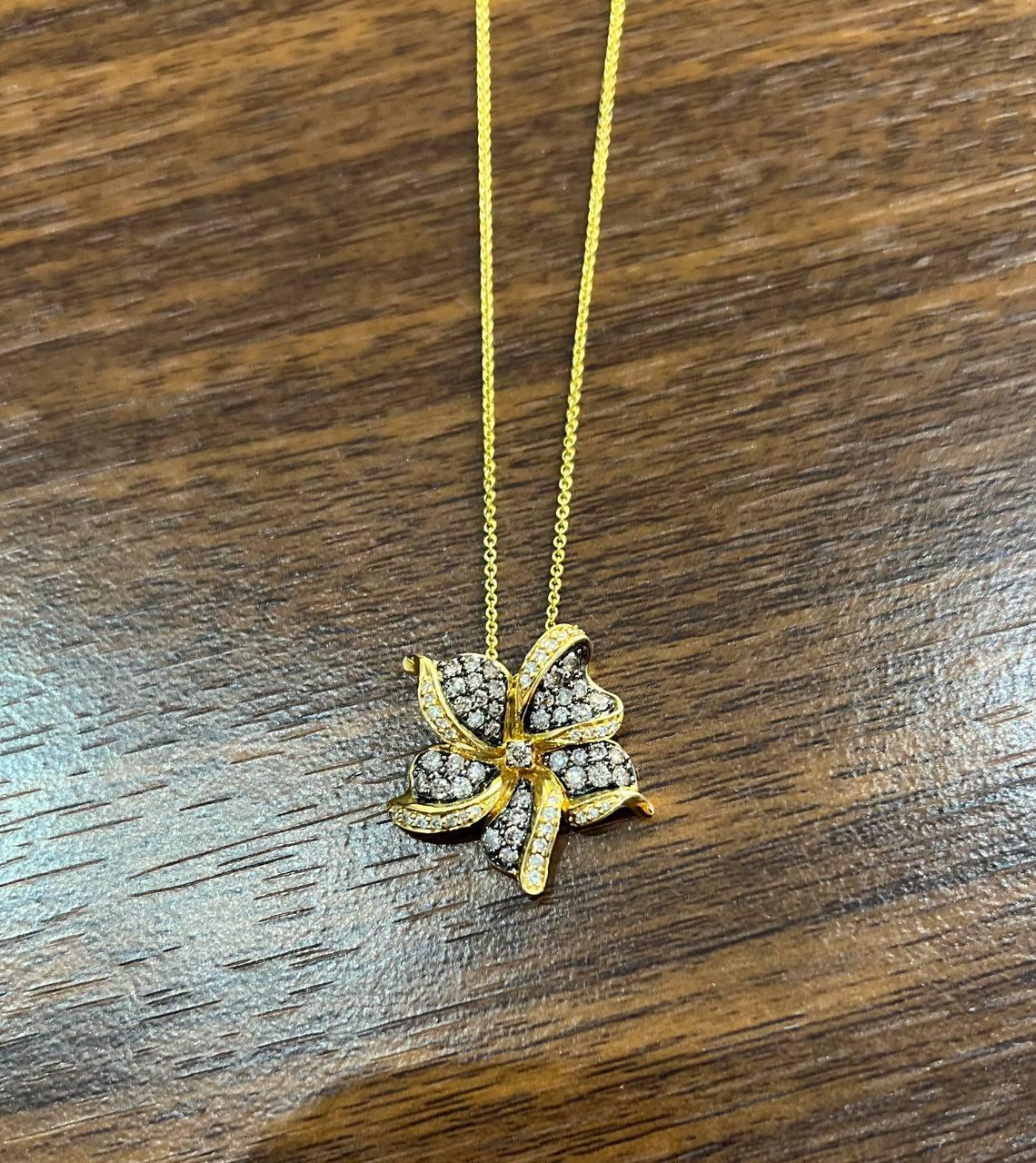 Floral Flower Lilly Champagne Cognac Diamond Pave Set 14K Gold Pendant Necklace