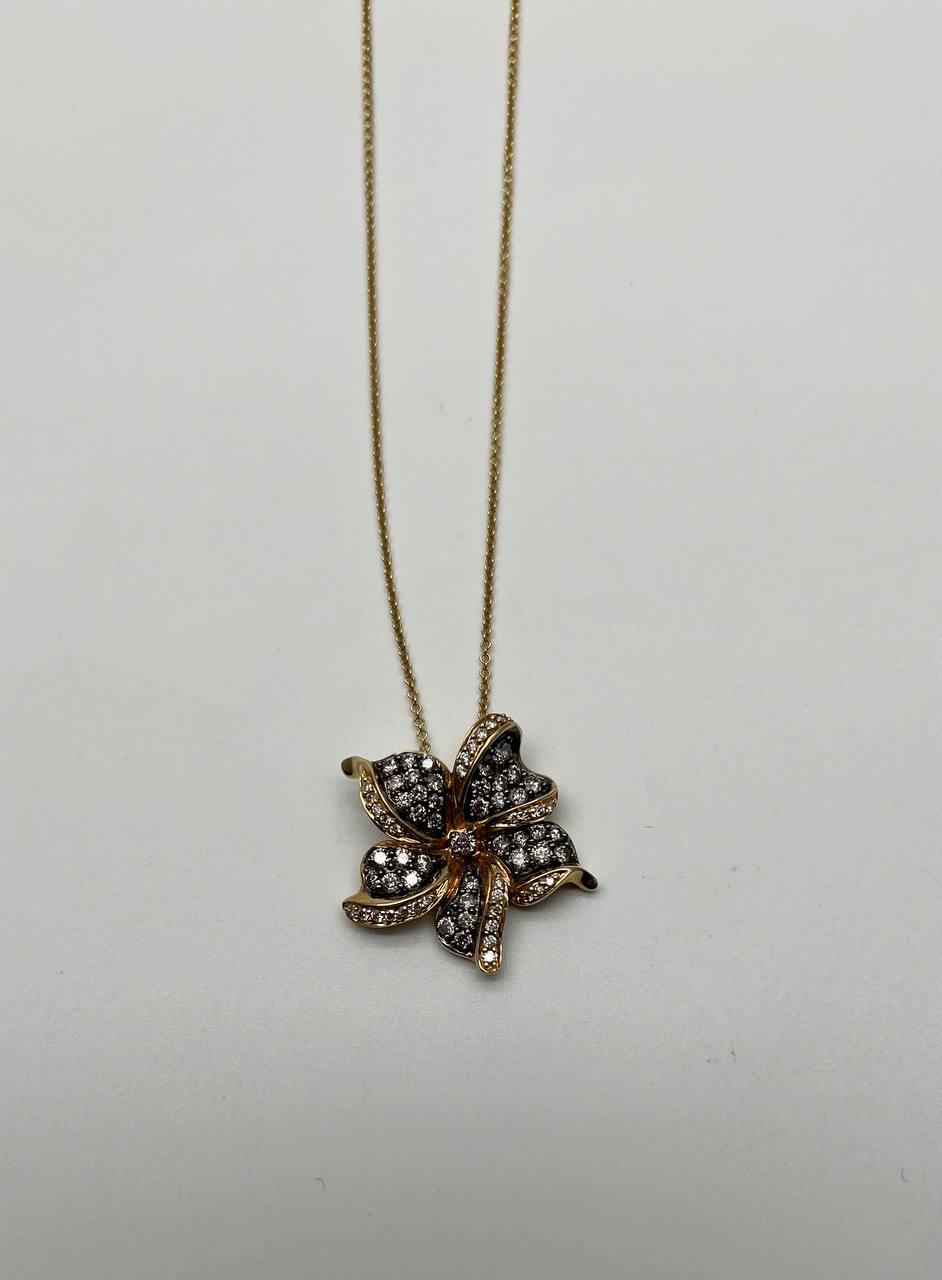 Floral Flower Lilly Champagne Cognac Diamond Pave Set 14K Gold Pendant Necklace
