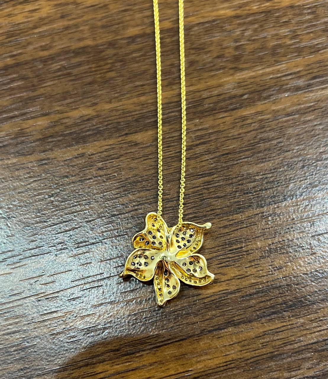 Floral Flower Lilly Champagne Cognac Diamond Pave Set 14K Gold Pendant Necklace