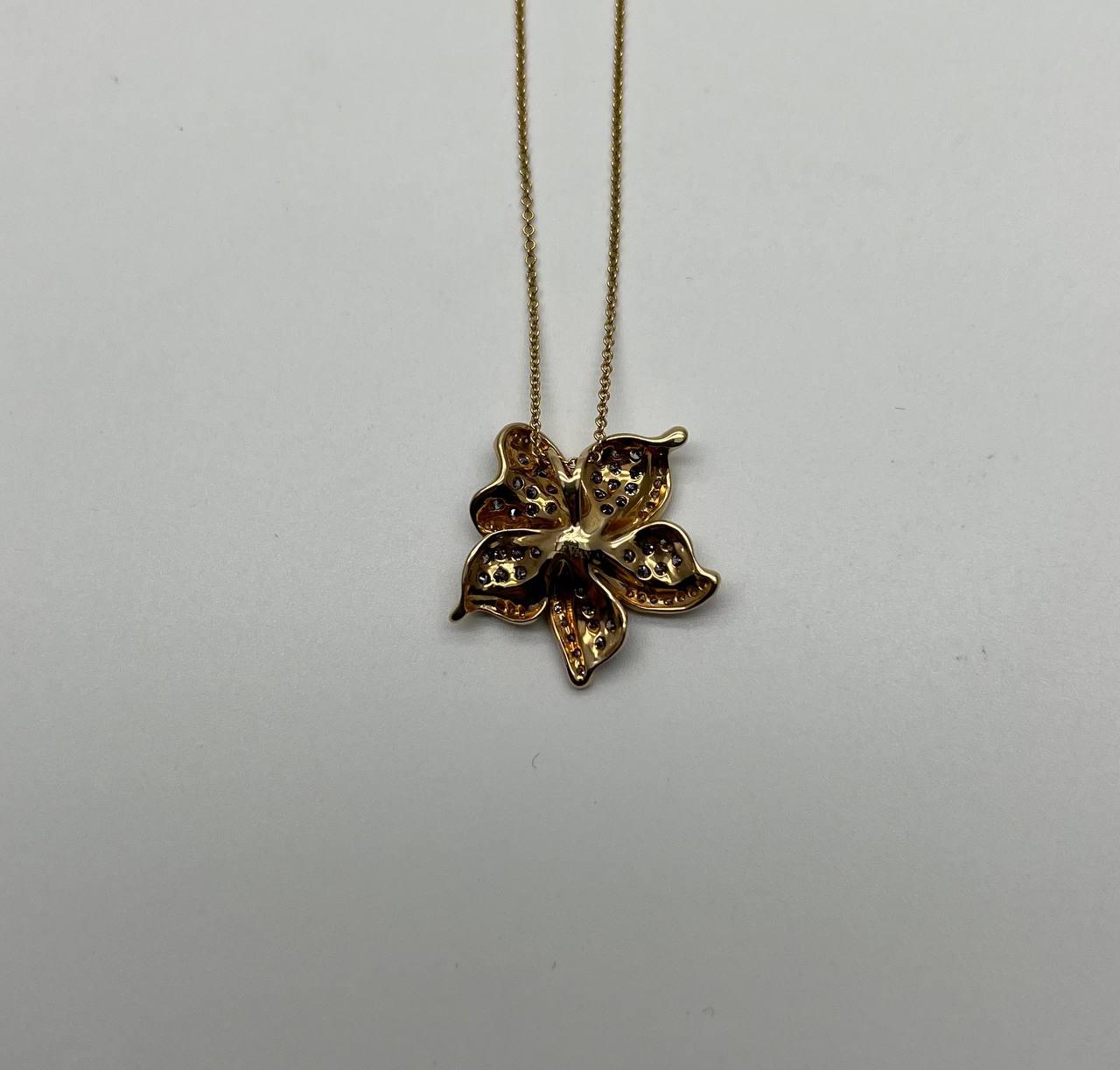 Floral Flower Lilly Champagne Cognac Diamond Pave Set 14K Gold Pendant Necklace