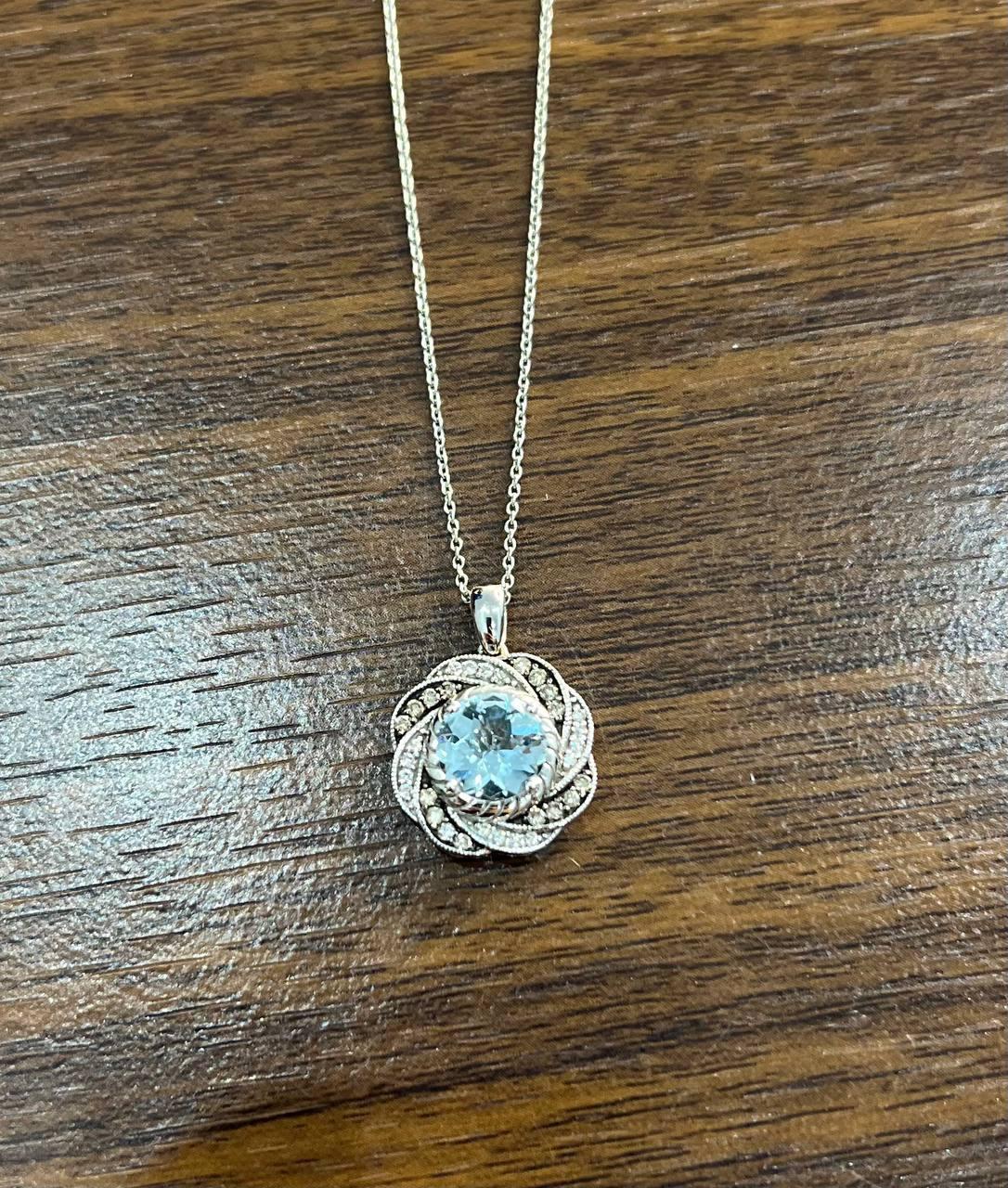 Round Shape Blue Aquamarine Champagne Diamond Halo White Gold Pendant Necklace