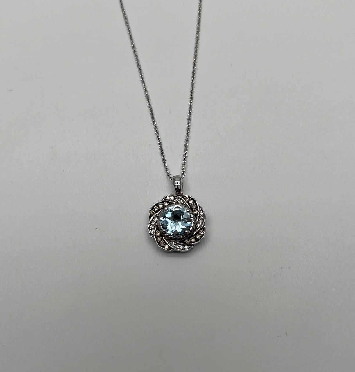 Round Shape Blue Aquamarine Champagne Diamond Halo White Gold Pendant Necklace