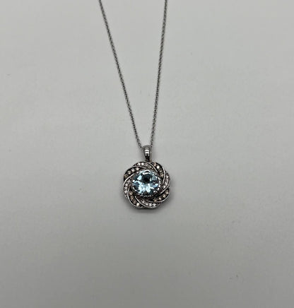 Round Shape Blue Aquamarine Champagne Diamond Halo White Gold Pendant Necklace