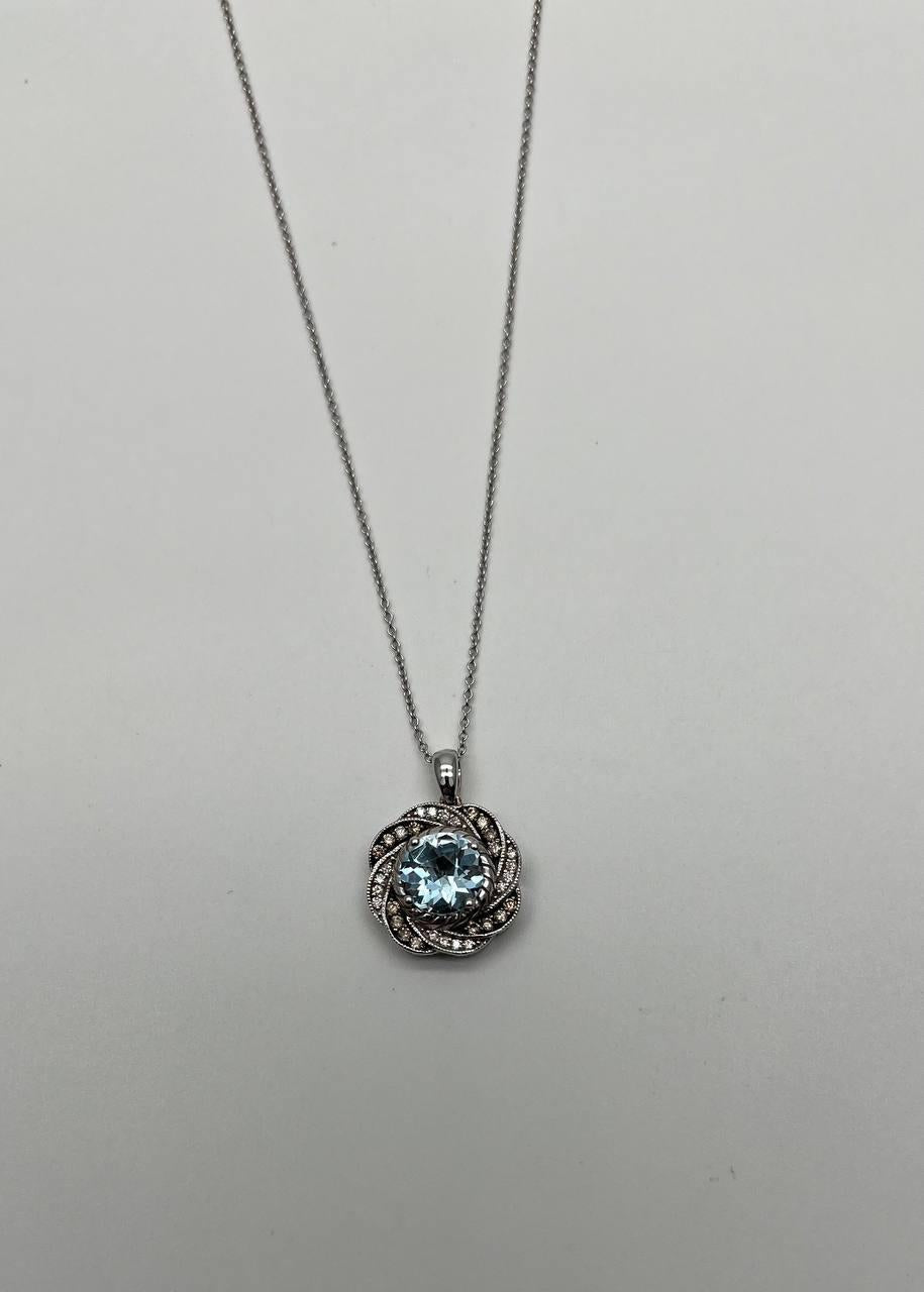 Round Shape Blue Aquamarine Champagne Diamond Halo White Gold Pendant Necklace
