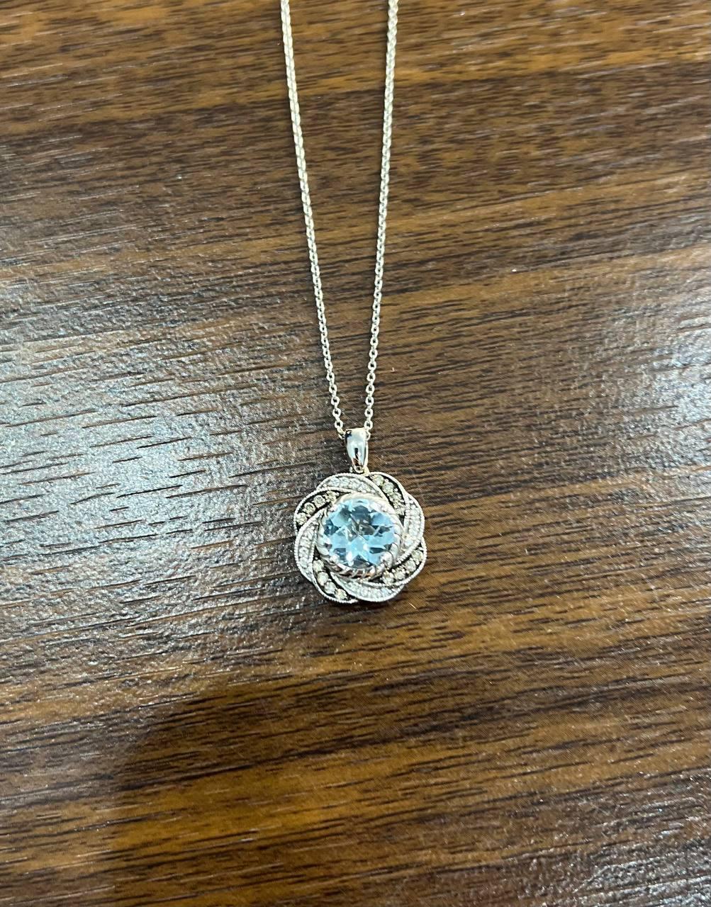 Round Shape Blue Aquamarine Champagne Diamond Halo White Gold Pendant Necklace
