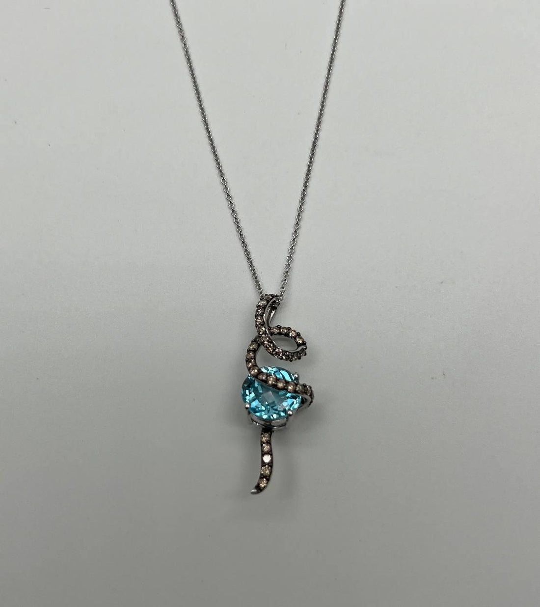 Round Blue Topaz Champagne Diamonds Halo 14K White Gold Drop Pendant Necklace