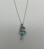 Round Blue Topaz Champagne Diamonds Halo 14K White Gold Drop Pendant Necklace