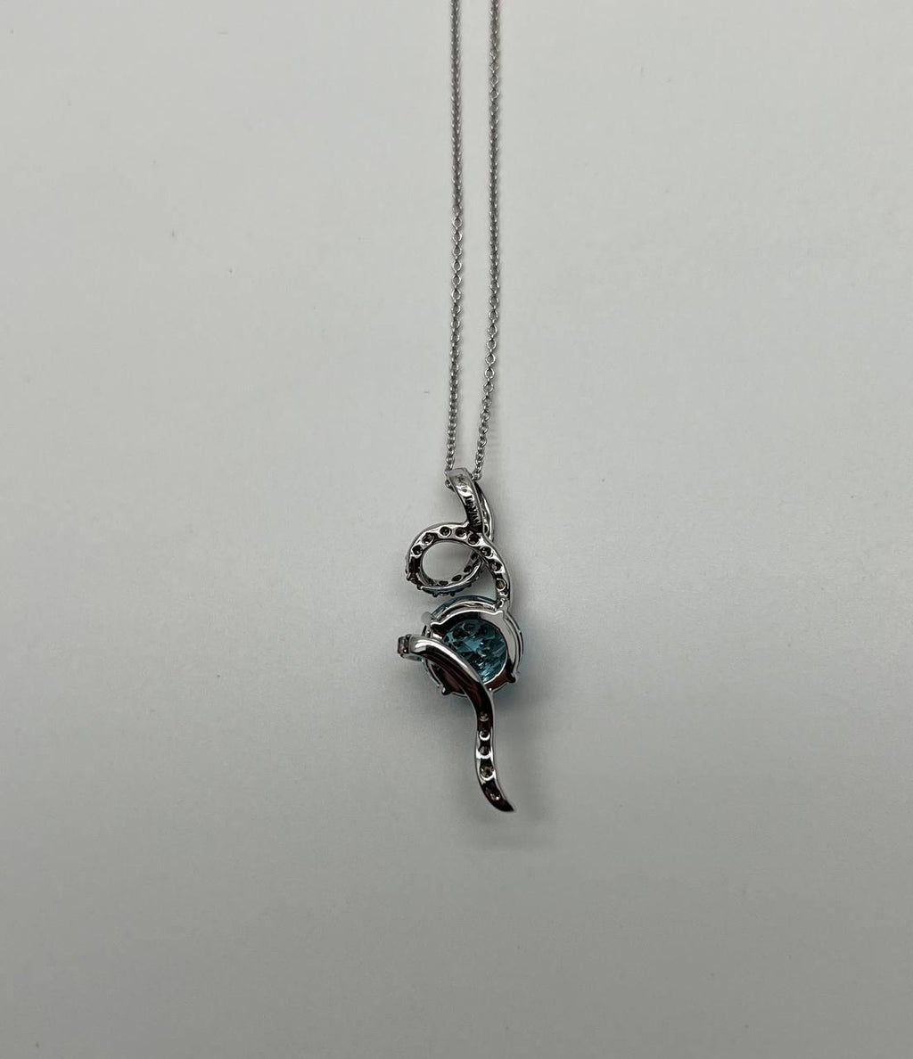 Round Blue Topaz Champagne Diamonds Halo 14K White Gold Drop Pendant Necklace