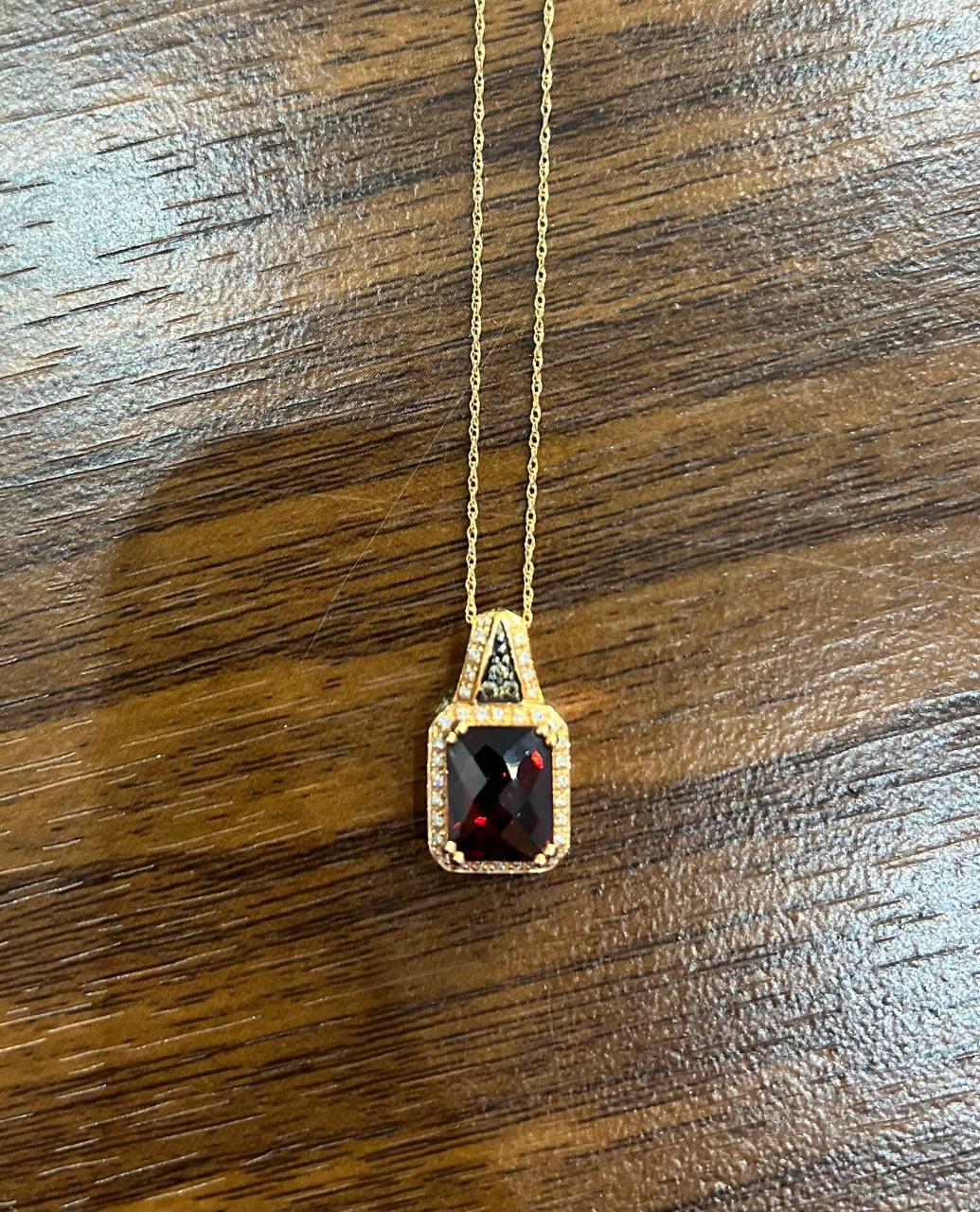 Cushion Dark Red Garnet Champagne Diamond Halo 14K Rose Gold Pendant Necklace