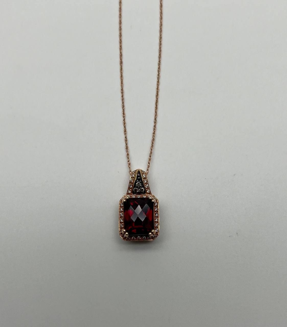 Cushion Dark Red Garnet Champagne Diamond Halo 14K Rose Gold Pendant Necklace