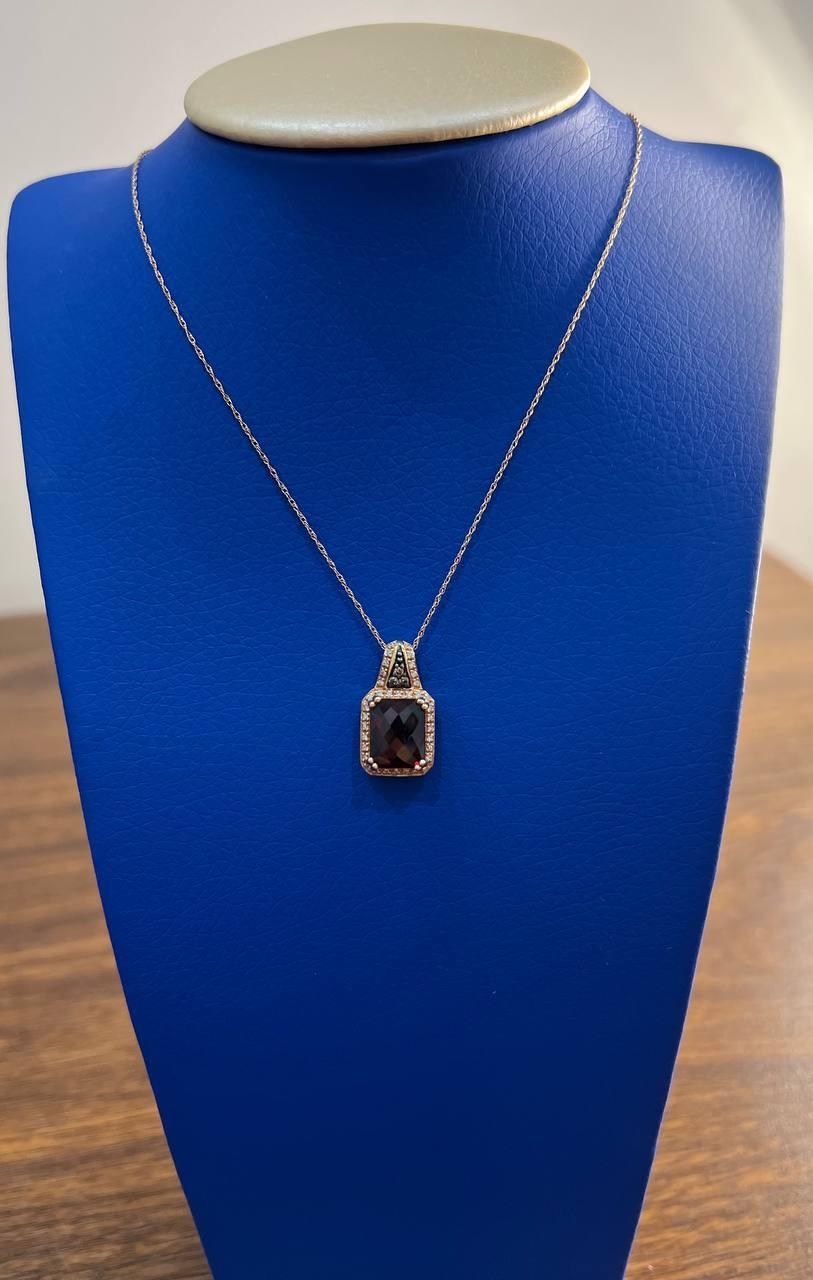 Cushion Dark Red Garnet Champagne Diamond Halo 14K Rose Gold Pendant Necklace