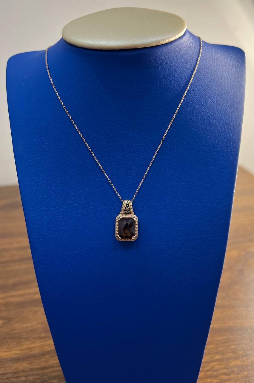 Cushion Dark Red Garnet Champagne Diamond Halo 14K Rose Gold Pendant Necklace