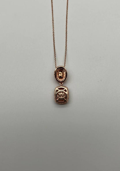 Peach Morganite Yellow White Opal White Diamond Halo Rose Gold Pendant Necklace