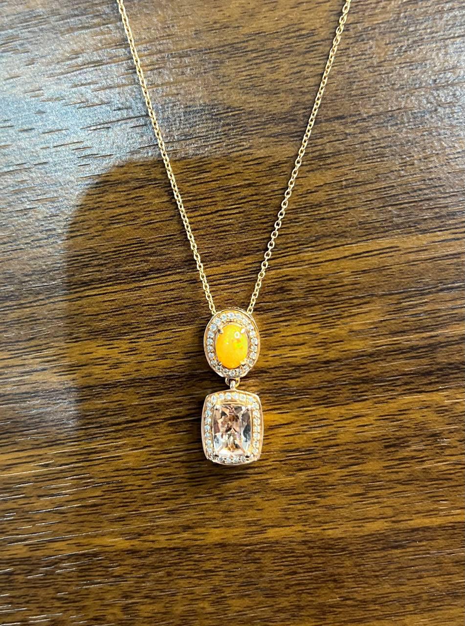Peach Morganite Yellow White Opal White Diamond Halo Rose Gold Pendant Necklace