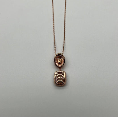 Peach Morganite Yellow White Opal White Diamond Halo Rose Gold Pendant Necklace