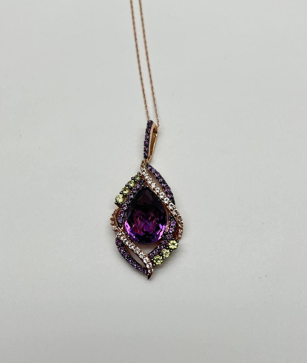 Oval Amethyst Stone Purple Green and White Stone Halo Ring Pendant Necklace Set