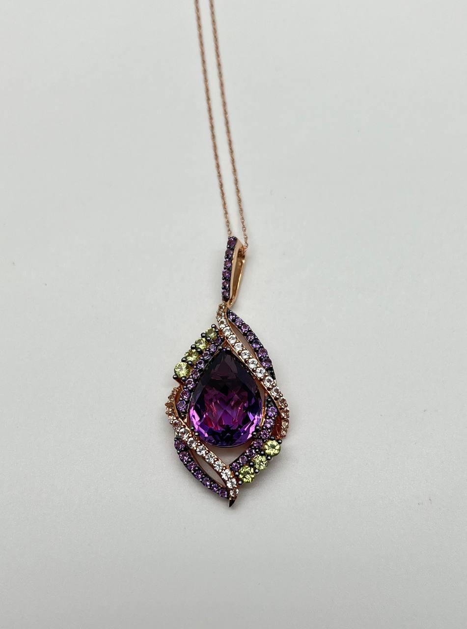 Oval Amethyst Stone Purple Green and White Stone Halo Ring Pendant Necklace Set