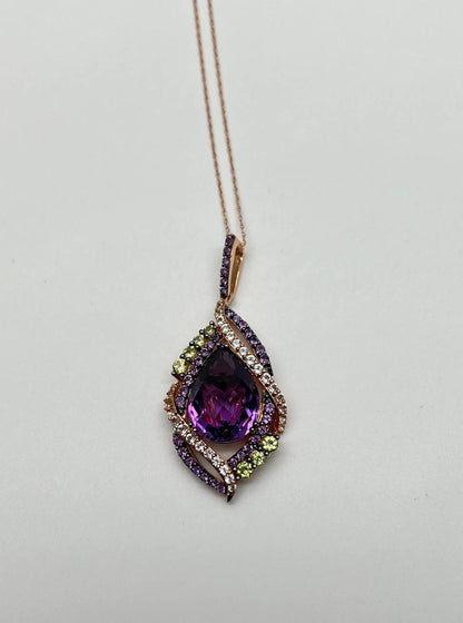 Oval Amethyst Stone Purple Green and White Stone Halo Ring Pendant Necklace Set