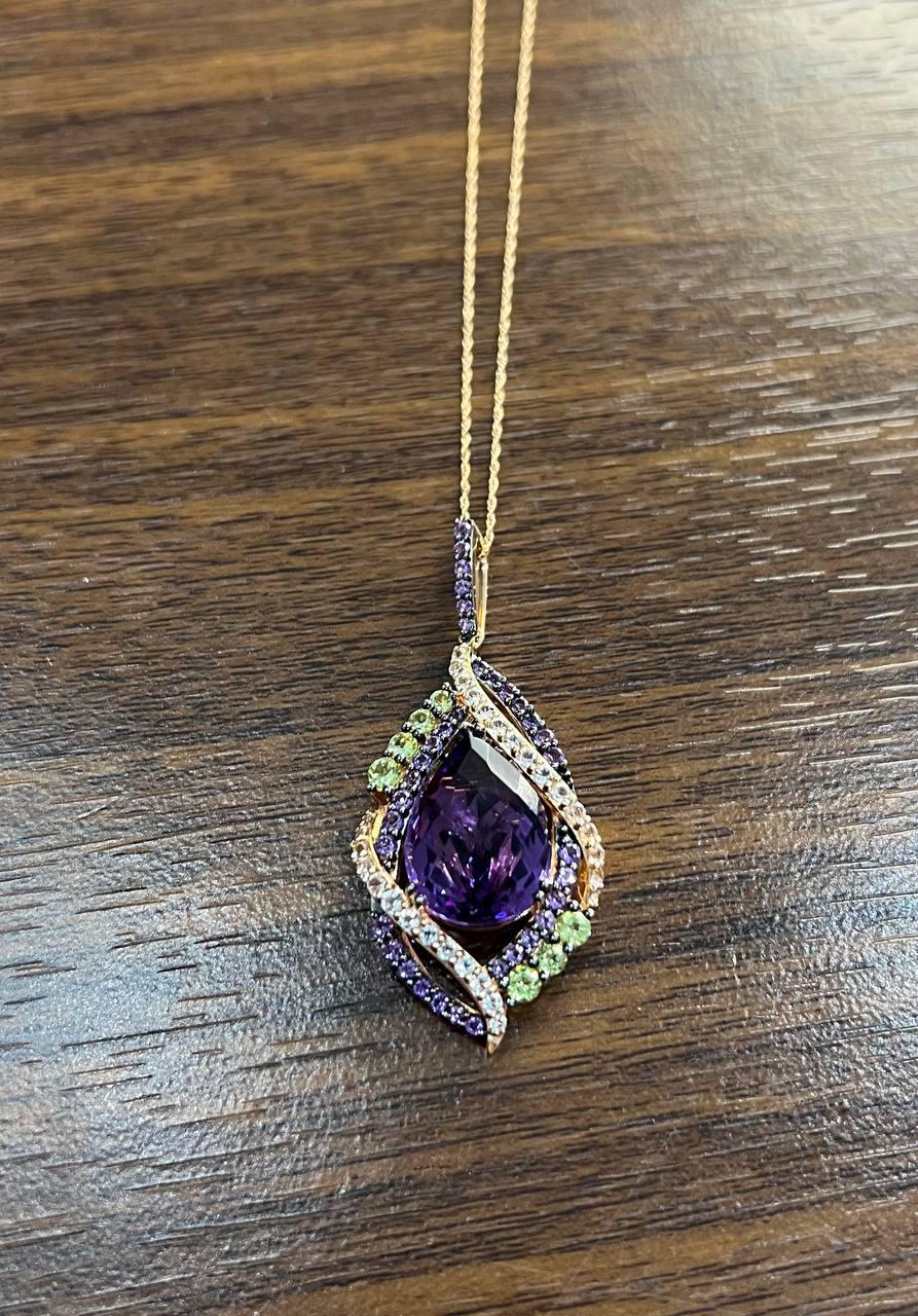 Oval Amethyst Stone Purple Green and White Stone Halo Ring Pendant Necklace Set