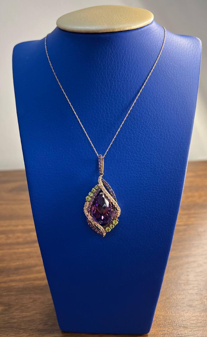 Oval Amethyst Stone Purple Green and White Stone Halo Ring Pendant Necklace Set