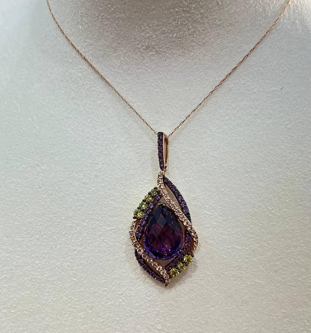 Oval Amethyst Stone Purple Green and White Stone Halo Ring Pendant Necklace Set